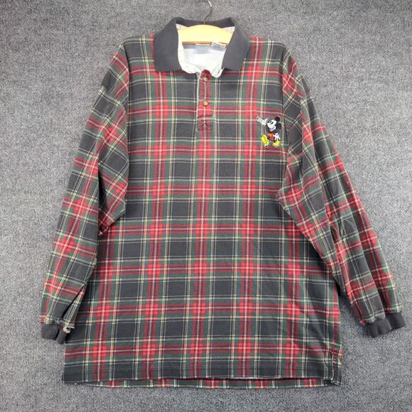 The Disney Store Mens Mickey Mouse Polo Shirt Red Plaid XXL Long Sleeve Cotton - Picture 2 of 13